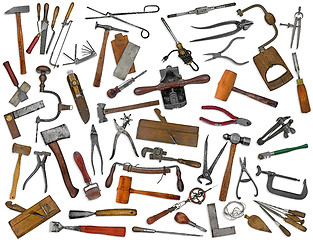 Image showing vintage tools mix collage on white