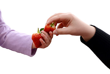 Image showing Toddler and adult sharing two fresh strawberries