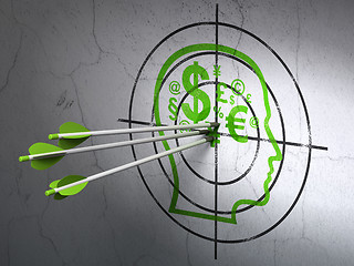 Image showing Education concept: arrows in Head With Finance Symbol target on wall background