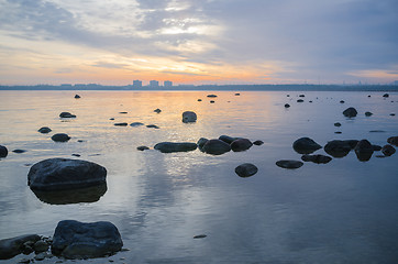 Image showing Beautiful sunrise on the sea. Views of Tallinn.