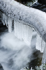 Image showing Frozen icicles on water flow,  close-up