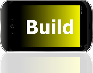Image showing smartphone with text build on display. Mobile smart phone on White background
