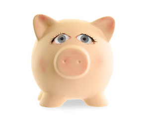 Image showing Ceramic piggy bank with human eyes