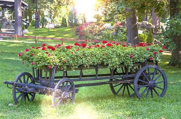 Image showing old wheel cart with flowers