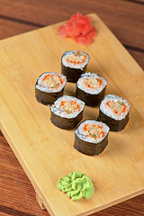 Image showing sushi rolls with tobico and pancake