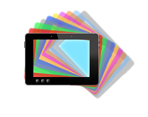 Image showing black tablet with motley multicolored shadows