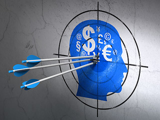 Image showing Education concept: arrows in Head With Finance Symbol target on wall background