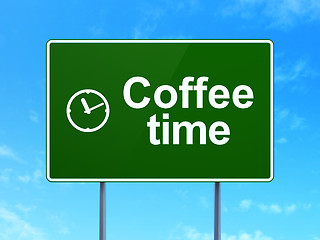 Image showing Timeline concept: Coffee Time and Clock on road sign background