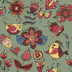 Image showing Seamless texture with flowers and birds