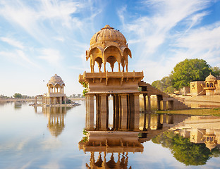 Image showing Indian landmarks - Gadi Sagar temple on Gadisar lake -  Jaisalme