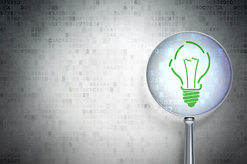 Image showing Finance concept:  Light Bulb with optical glass on digital background