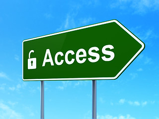 Image showing Protection concept: Access and Opened Padlock on road sign background