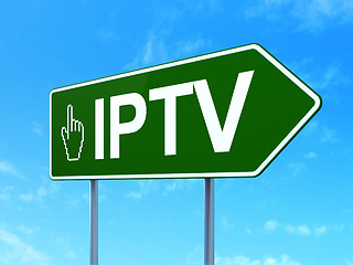 Image showing Web development concept: IPTV and Mouse Cursor on road sign background