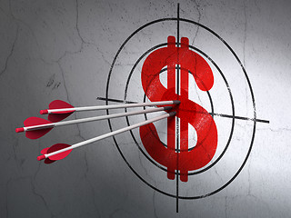 Image showing Currency concept: arrows in Dollar target on wall background