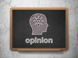 Image showing Advertising concept: Head With Light Bulb and Opinion on chalkboard background