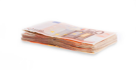 Image showing Stack of 50 euro bills, selective focus