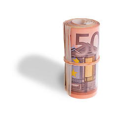 Image showing Roll of 50 euro bills