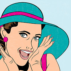 Image showing popart retro woman with sun hat in comics style, summer illustra