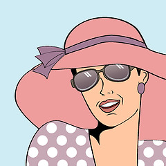 Image showing popart retro woman with sun hat in comics style, summer illustra