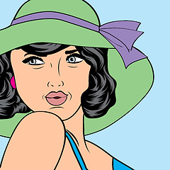 Image showing popart retro woman with sun hat in comics style, summer illustra