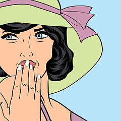 Image showing popart retro woman with sun hat in comics style, summer illustra