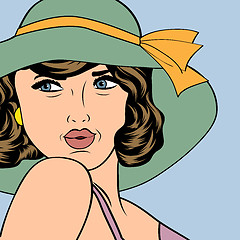 Image showing popart retro woman with sun hat in comics style, summer illustra