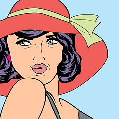 Image showing popart retro woman with sun hat in comics style, summer illustra