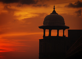 Image showing Silhouette of tower on sunset sky background, Red ford, Agra, In