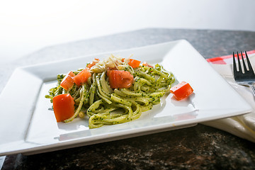 Image showing Fettucini pasta with pesto sauce