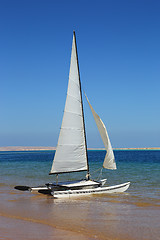 Image showing sailing catamaran on beach