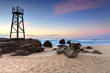 Image showing Shark Watch Tower and jagged rocks  Australia