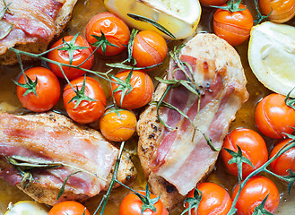 Image showing Vegetables and chicken in pan baked in oven