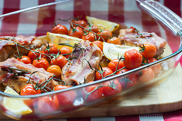 Image showing Vegetables and chicken in pan baked in oven