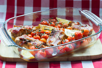 Image showing Vegetables and chicken in pan baked in oven