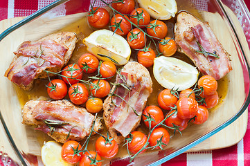 Image showing Vegetables and chicken in pan baked in oven