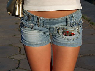 Image showing Girl In Blue Jeans Short Shorts. big picture.