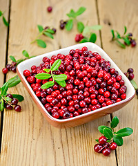 Image showing Lingonberry ripe in bowl on board