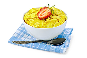 Image showing Cornflakes in bowl with strawberries