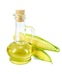 Image showing Corn oil in a carafe with two cobs