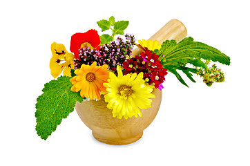 Image showing Herbs and flowers in a mortar