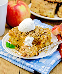 Image showing Pie with ice cream and fork on chalkboard