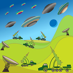 Image showing Flying plates of aliens are attacking the Earth