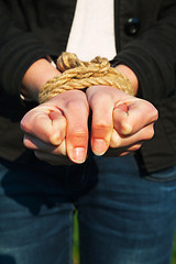 Image showing Hands tied up with rope