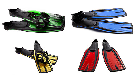 Image showing Set of multicolored swim fins, masks and snorkel for diving