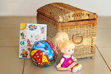 Image showing Children's toys and the container for their storage.