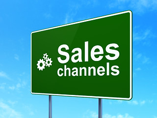 Image showing Advertising concept: Sales Channels and Gears on road sign background
