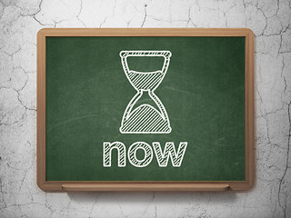 Image showing Time concept: Hourglass and Now on chalkboard background