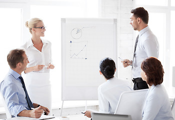 Image showing business team working with flip chart in office
