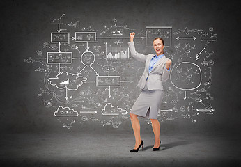 Image showing happy businesswoman with hands up