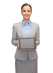 Image showing businesswoman with blank black tablet pc screen